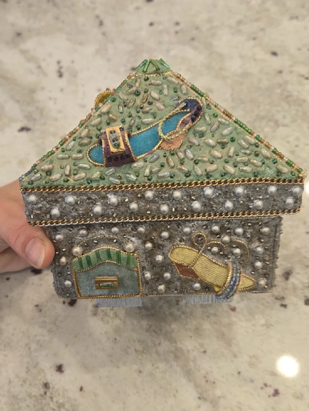 Mary Frances Beaded Triangle Jewelry Box - Cream, Gold, Green, Purple